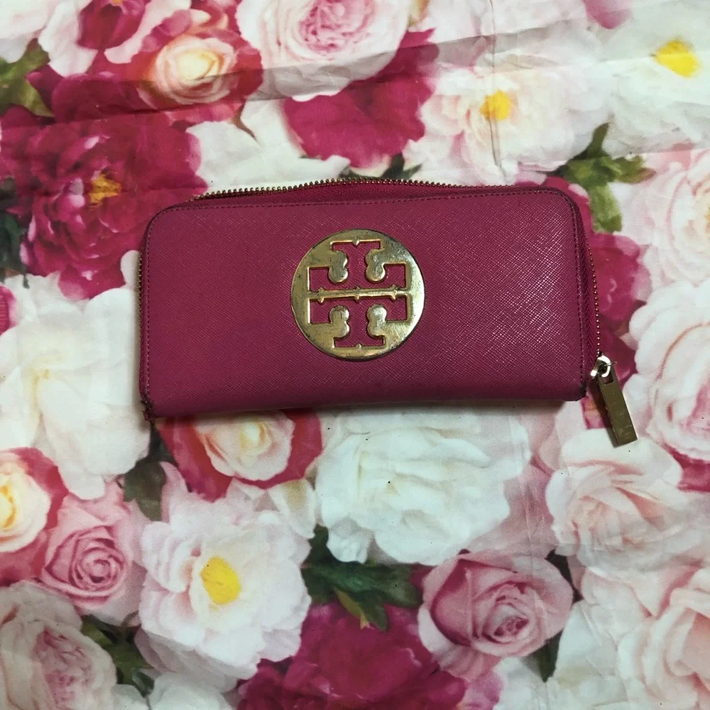 Tory Burch Pink Zip-Around Wallet with Gold Logo